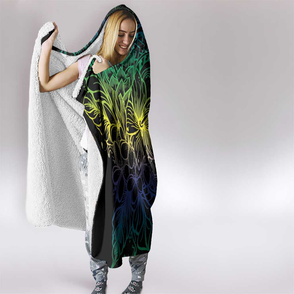 Floral Polynesian Hibiscus Tattoo Hooded Blanket Green Gradient Style