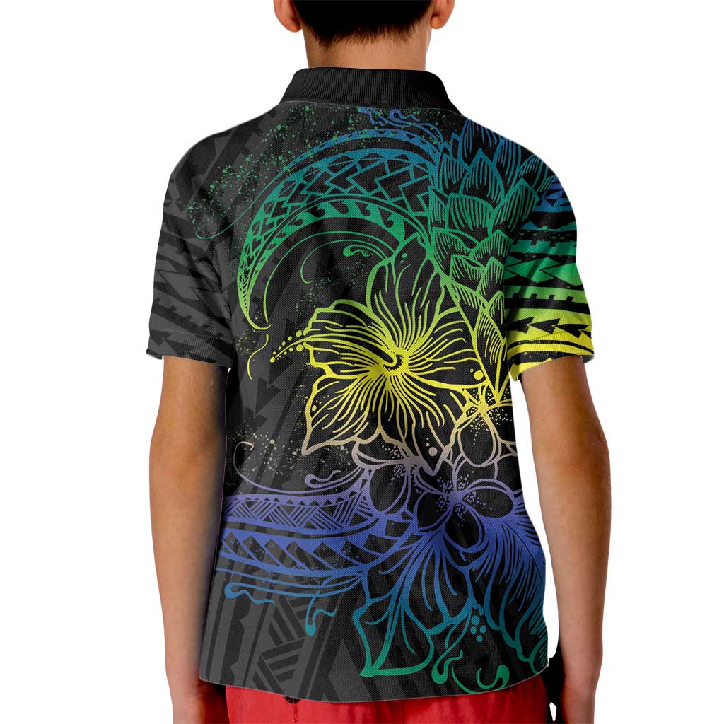 Floral Polynesian Hibiscus Tattoo Kid Polo Shirt Green Gradient Style