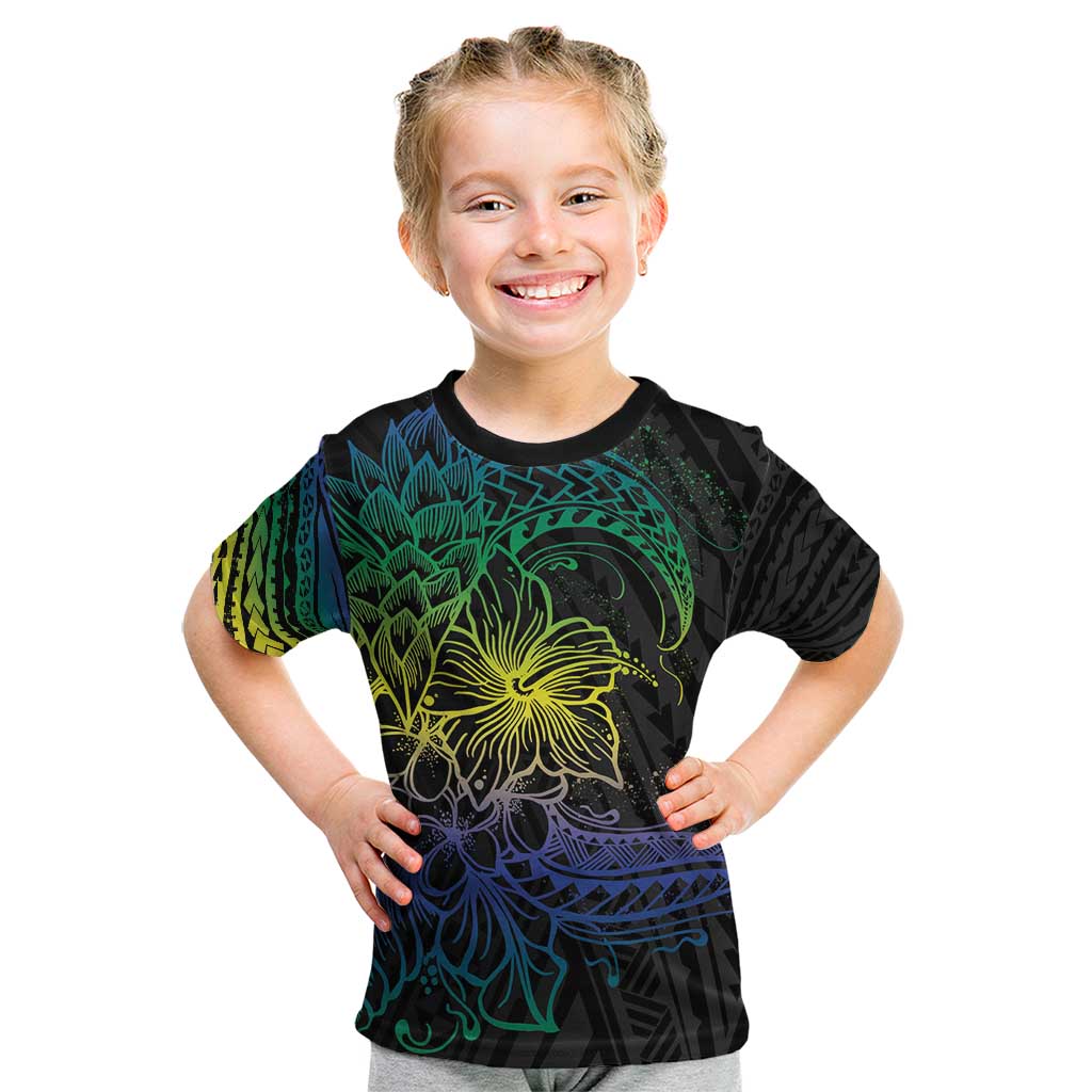 Floral Polynesian Hibiscus Tattoo Kid T Shirt Green Gradient Style LT9 Green - Polynesian Pride
