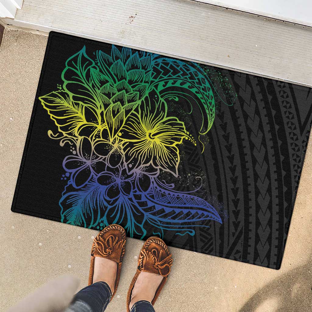 Floral Polynesian Hibiscus Tattoo Rubber Doormat Green Gradient Style