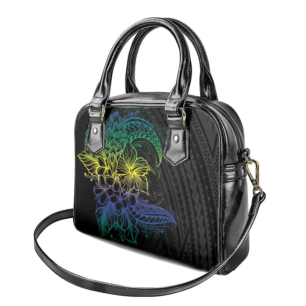 Floral Polynesian Hibiscus Tattoo Shoulder Handbag Green Gradient Style