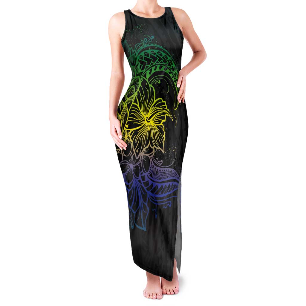 Floral Polynesian Hibiscus Tattoo Tank Maxi Dress Green Gradient Style