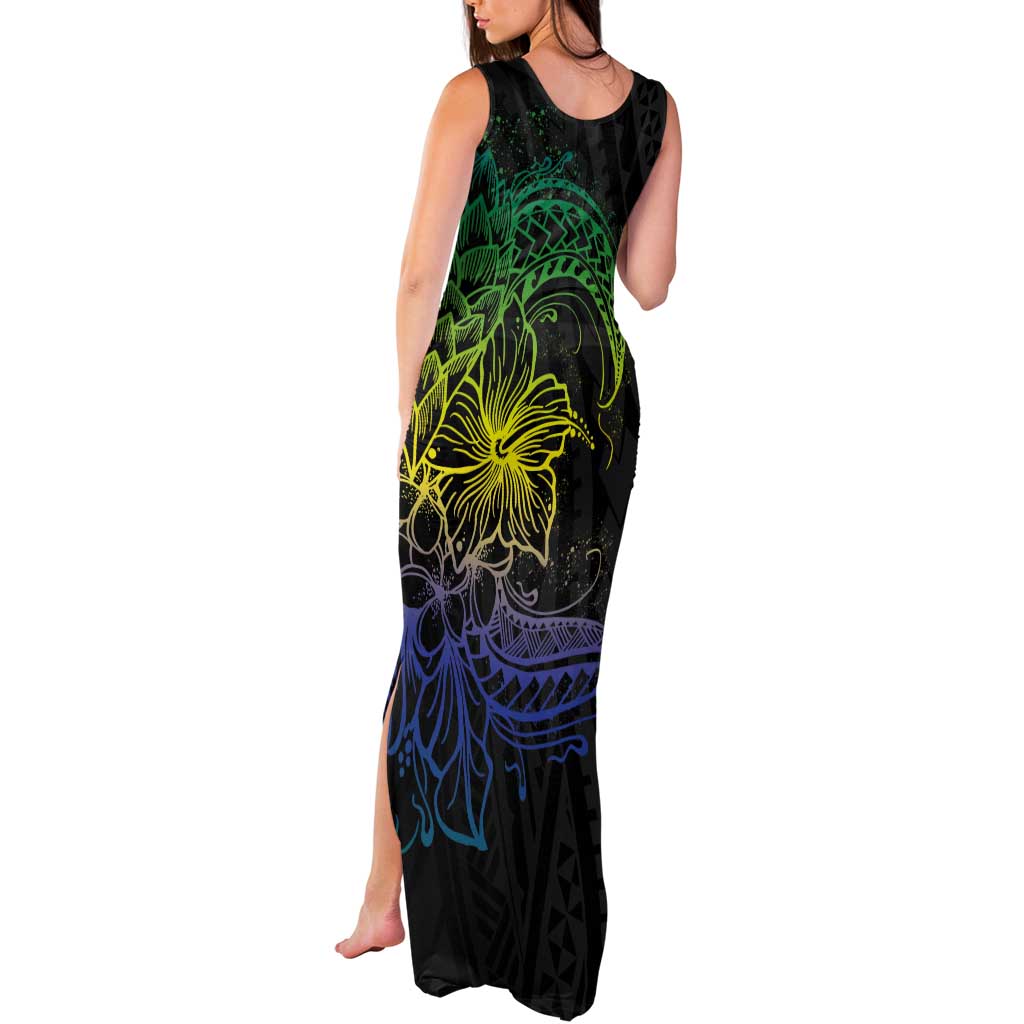 Floral Polynesian Hibiscus Tattoo Tank Maxi Dress Green Gradient Style