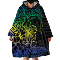 Floral Polynesian Hibiscus Tattoo Wearable Blanket Hoodie Green Gradient Style