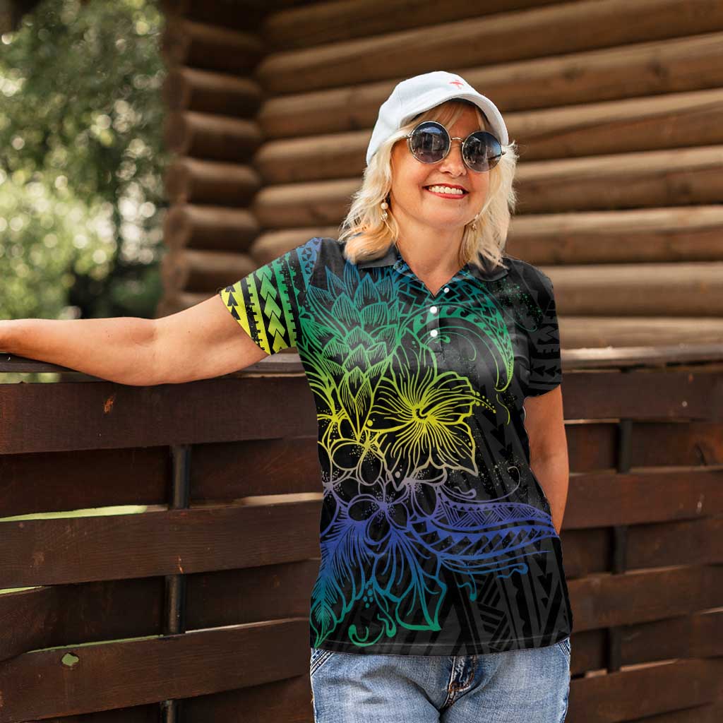 Floral Polynesian Hibiscus Tattoo Women Polo Shirt Green Gradient Style