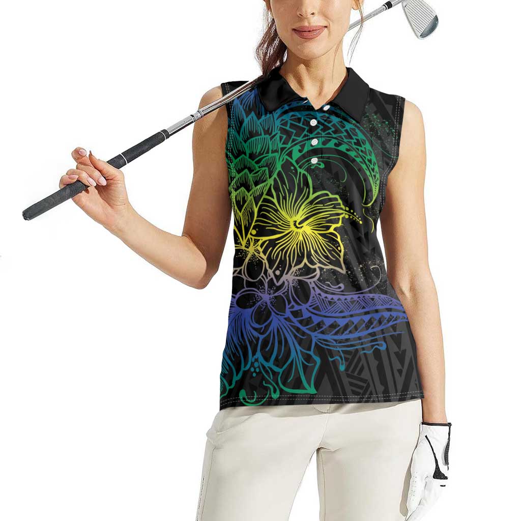 Floral Polynesian Hibiscus Tattoo Women Sleeveless Polo Shirt Green Gradient Style