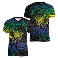 Floral Polynesian Hibiscus Tattoo Women V-Neck T-Shirt Green Gradient Style
