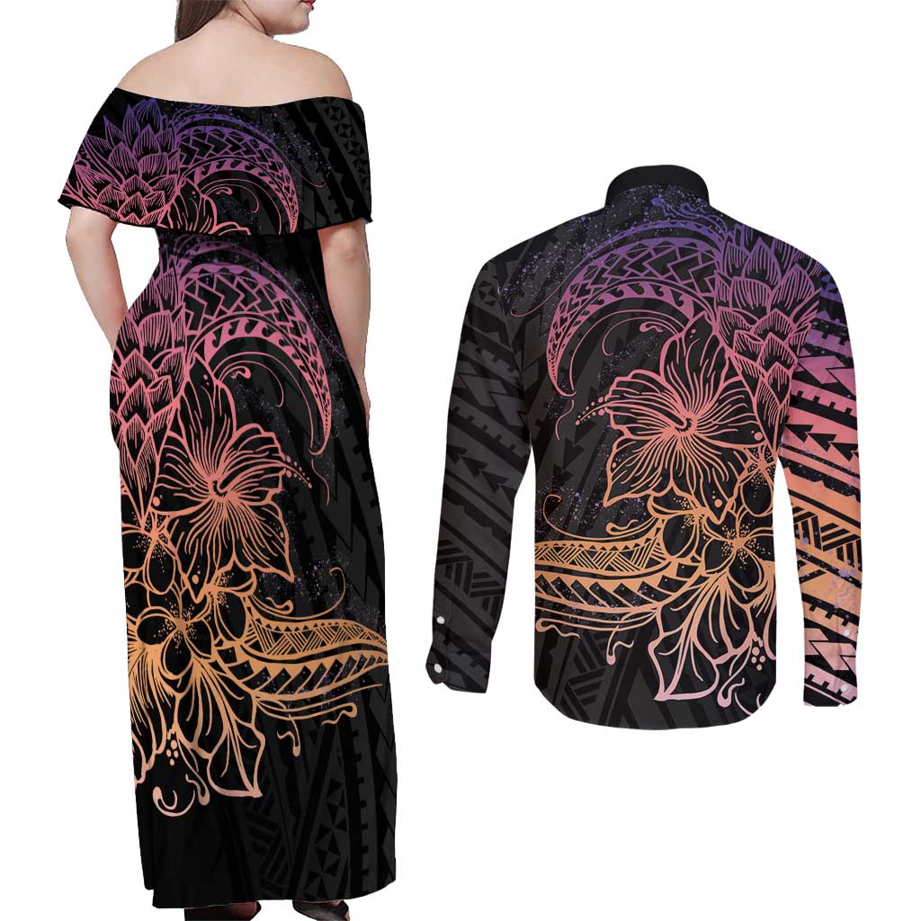 Floral Polynesian Hibiscus Tattoo Couples Matching Off Shoulder Maxi Dress and Long Sleeve Button Shirt Peach Gradient Style