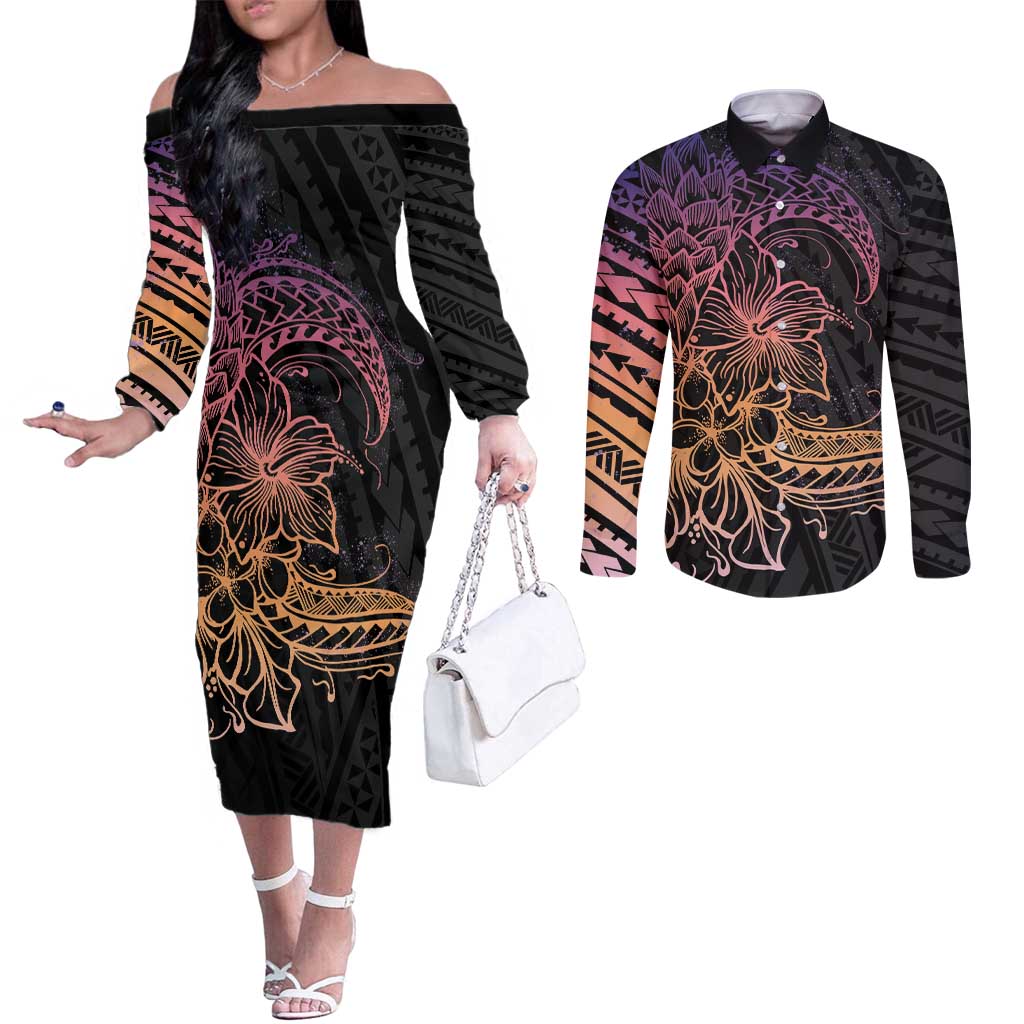 Floral Polynesian Hibiscus Tattoo Couples Matching Off The Shoulder Long Sleeve Dress and Long Sleeve Button Shirt Peach Gradient Style LT9 Peach - Polynesian Pride