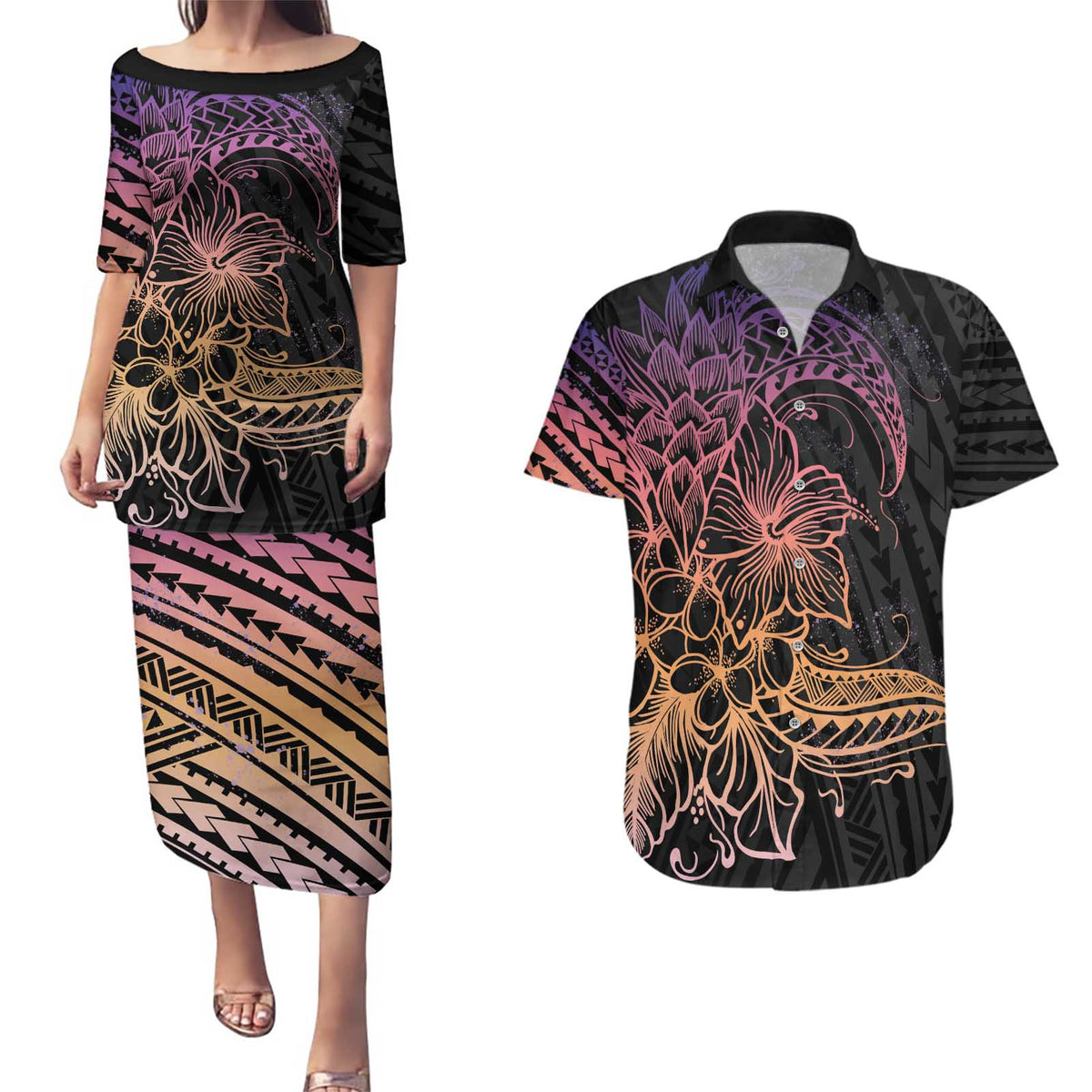 Floral Polynesian Hibiscus Tattoo Couples Matching Puletasi and Hawaiian Shirt Peach Gradient Style
