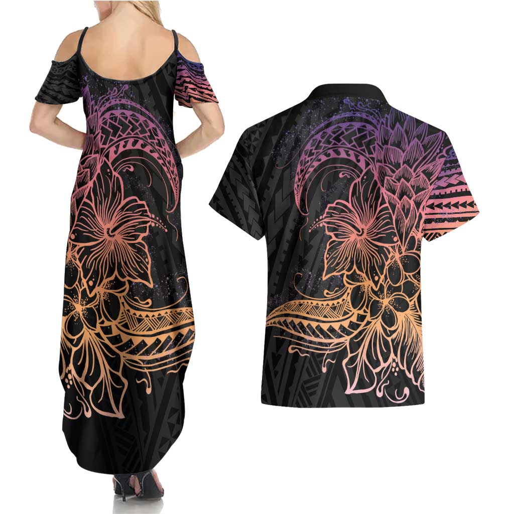 Floral Polynesian Hibiscus Tattoo Couples Matching Summer Maxi Dress and Hawaiian Shirt Peach Gradient Style LT9 - Polynesian Pride