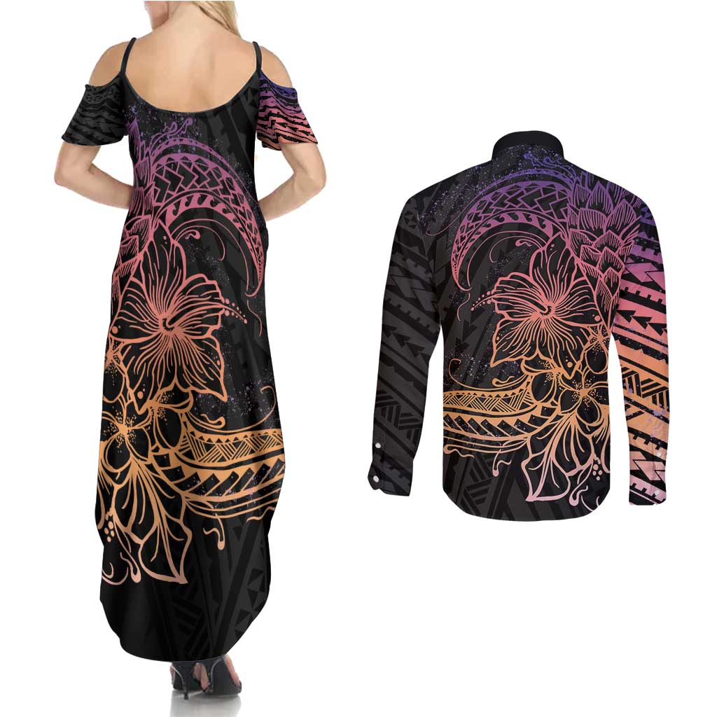 Floral Polynesian Hibiscus Tattoo Couples Matching Summer Maxi Dress and Long Sleeve Button Shirt Peach Gradient Style