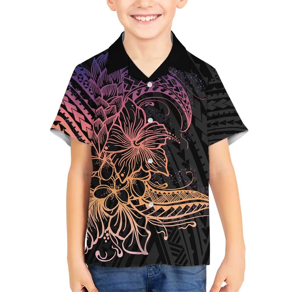 Floral Polynesian Hibiscus Tattoo Family Matching Off Shoulder Maxi Dress and Hawaiian Shirt Peach Gradient Style