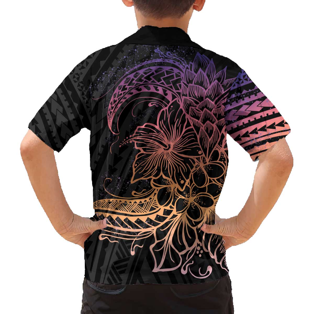 Floral Polynesian Hibiscus Tattoo Family Matching Off Shoulder Short Dress and Hawaiian Shirt Peach Gradient Style