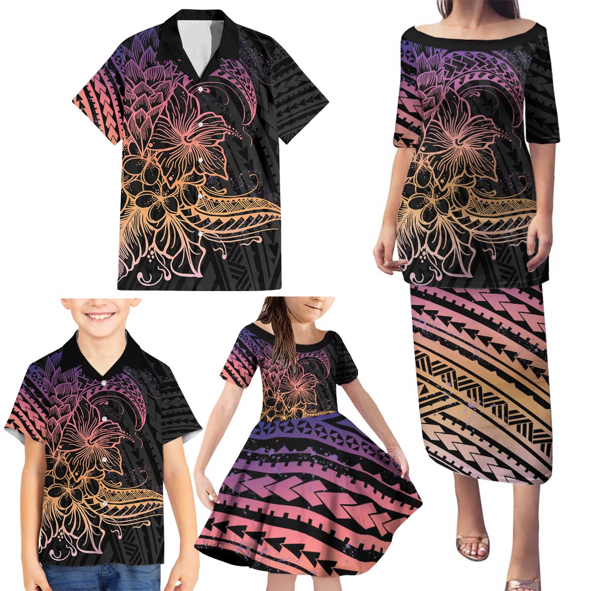 Floral Polynesian Hibiscus Tattoo Family Matching Puletasi and Hawaiian Shirt Peach Gradient Style