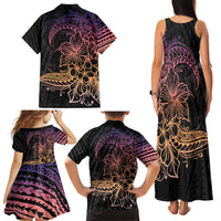 Floral Polynesian Hibiscus Tattoo Family Matching Tank Maxi Dress and Hawaiian Shirt Peach Gradient Style
