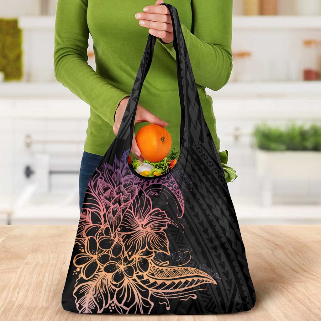 Floral Polynesian Hibiscus Tattoo Grocery Bag Peach Gradient Style