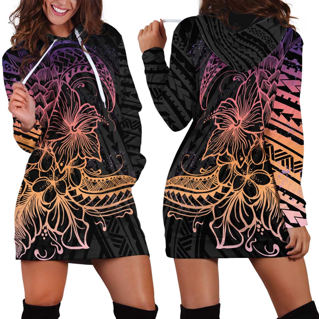 Floral Polynesian Hibiscus Tattoo Hoodie Dress Peach Gradient Style