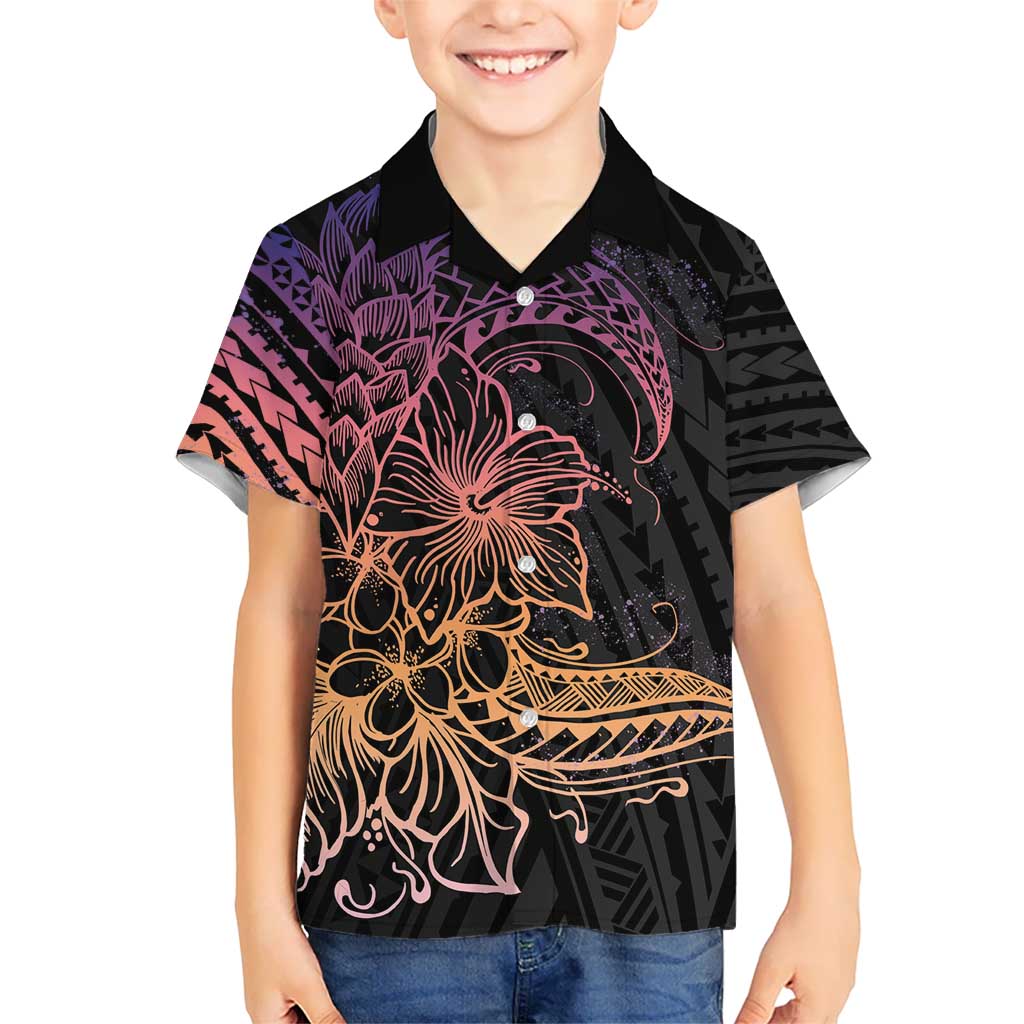 Floral Polynesian Hibiscus Tattoo Kid Hawaiian Shirt Peach Gradient Style LT9 Kid Peach - Polynesian Pride