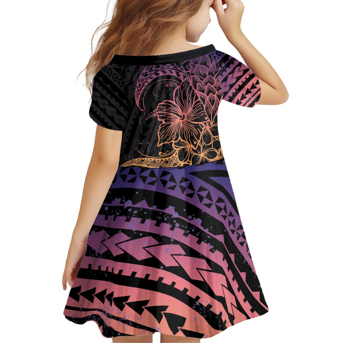 Floral Polynesian Hibiscus Tattoo Kid Short Sleeve Dress Peach Gradient Style
