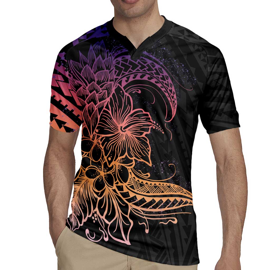 Floral Polynesian Hibiscus Tattoo Rugby Jersey Peach Gradient Style