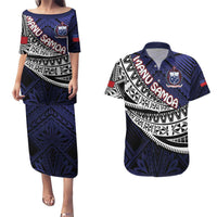 Custom Samoa Rugby Pacific Couples Matching Puletasi and Hawaiian Shirt Samoan Warrior Tribal Pattern LT9 Blue - Polynesian Pride