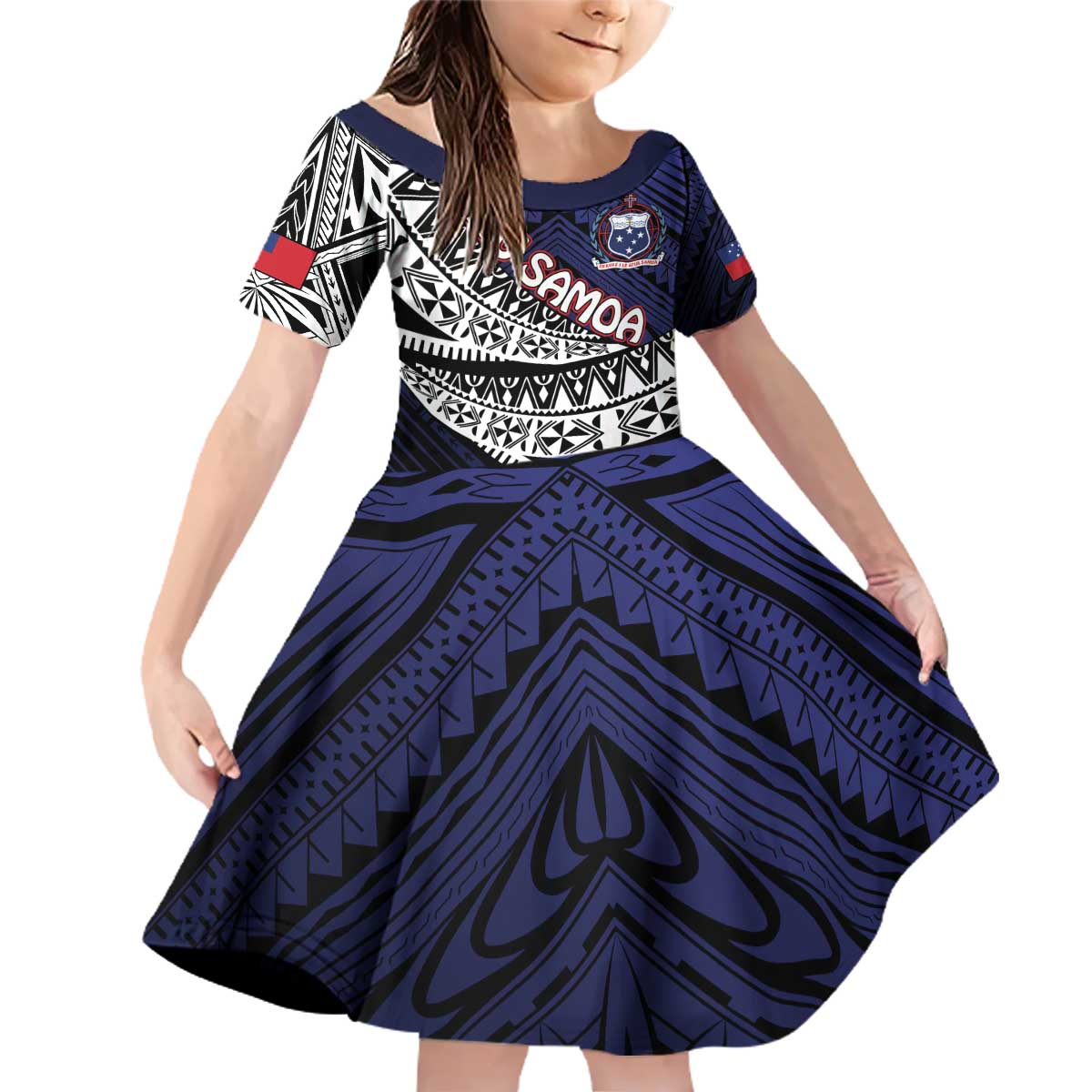 Custom Samoa Rugby Pacific Family Matching Off Shoulder Short Dress and Hawaiian Shirt Samoan Warrior Tribal Pattern LT9 Daughter's Dress Blue - Polynesian Pride