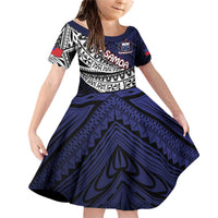 Custom Samoa Rugby Pacific Family Matching Off Shoulder Short Dress and Hawaiian Shirt Samoan Warrior Tribal Pattern LT9 Daughter's Dress Blue - Polynesian Pride