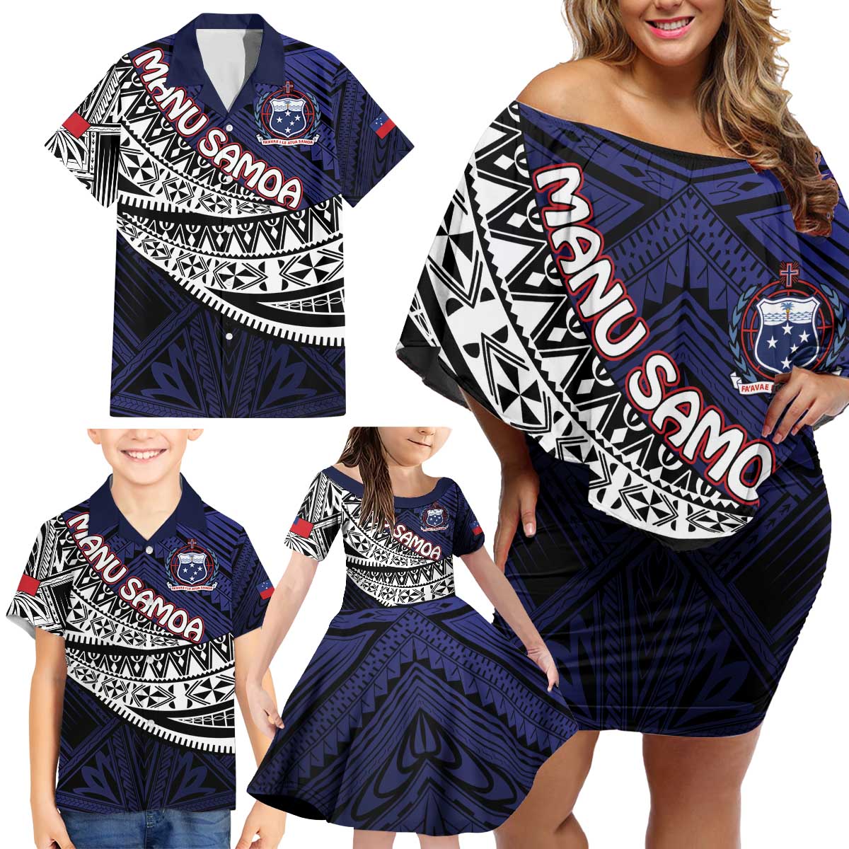 Custom Samoa Rugby Pacific Family Matching Off Shoulder Short Dress and Hawaiian Shirt Samoan Warrior Tribal Pattern LT9 - Polynesian Pride