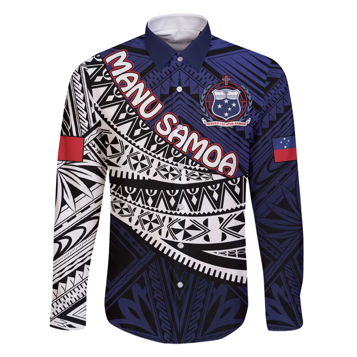 Custom Samoa Rugby Pacific Family Matching Off Shoulder Short Dress and Hawaiian Shirt Samoan Warrior Tribal Pattern LT9 Dad's Shirt - Long Sleeve Blue - Polynesian Pride