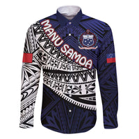 Custom Samoa Rugby Pacific Family Matching Off Shoulder Short Dress and Hawaiian Shirt Samoan Warrior Tribal Pattern LT9 Dad's Shirt - Long Sleeve Blue - Polynesian Pride
