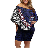 Custom Samoa Rugby Pacific Family Matching Off Shoulder Short Dress and Hawaiian Shirt Samoan Warrior Tribal Pattern LT9 Mom's Dress Blue - Polynesian Pride