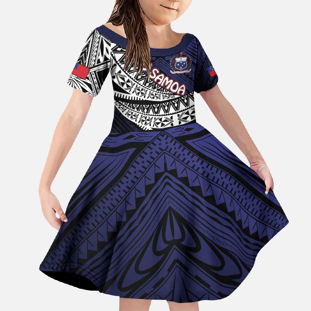 Custom Samoa Rugby Pacific Family Matching Summer Maxi Dress and Hawaiian Shirt Samoan Warrior Tribal Pattern LT9 Daughter's Dress Blue - Polynesian Pride