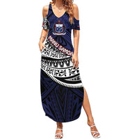 Custom Samoa Rugby Pacific Family Matching Summer Maxi Dress and Hawaiian Shirt Samoan Warrior Tribal Pattern LT9 Mom's Dress Blue - Polynesian Pride