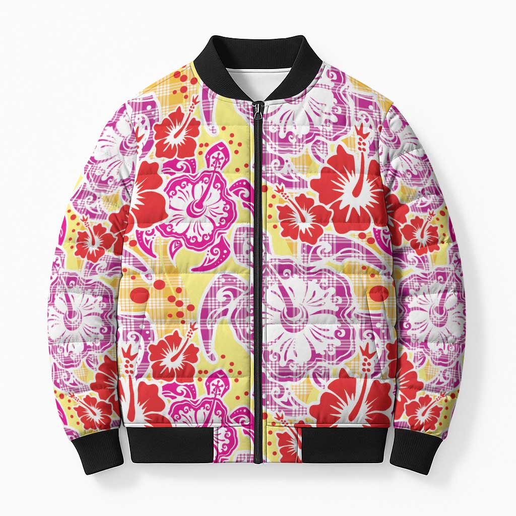 Palaka with Honu and Hibiscus Bomber Puffer Jacket Hawaiian Heritage Spirit - Polynesian Pride