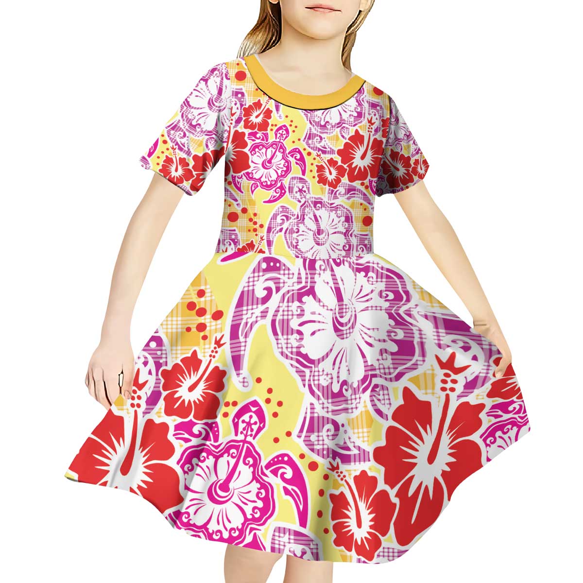 Palaka with Honu and Hibiscus Kid Short Sleeve Dress Hawaiian Heritage Spirit - Polynesian Pride