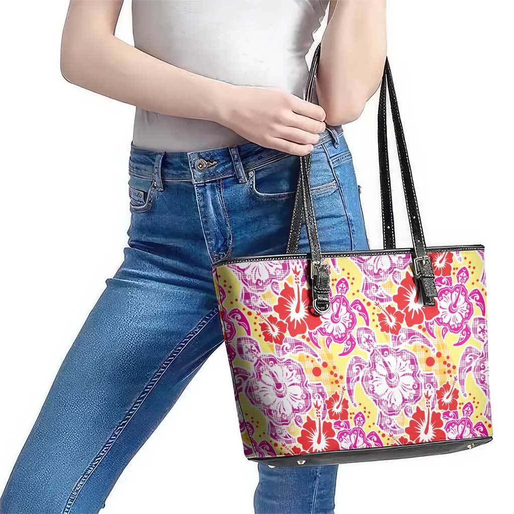 Palaka with Honu and Hibiscus Leather Tote Bag Hawaiian Heritage Spirit - Polynesian Pride