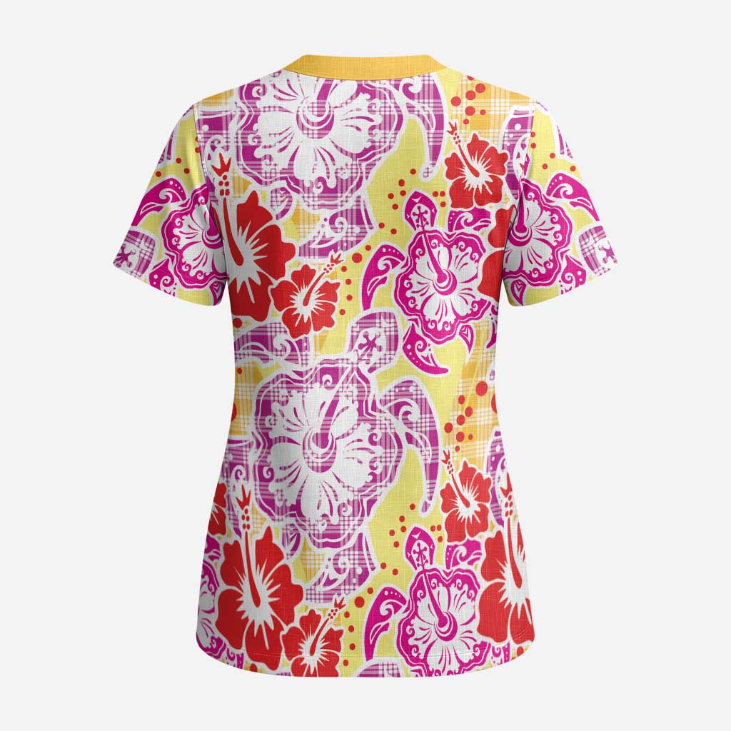 Palaka with Honu and Hibiscus Scrub Top Hawaiian Heritage Spirit - Polynesian Pride
