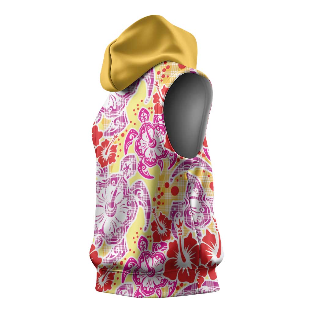 Palaka with Honu and Hibiscus Sleeveless Hoodie Hawaiian Heritage Spirit - Polynesian Pride