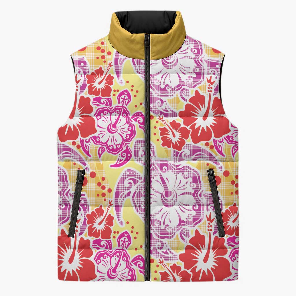 Palaka with Honu and Hibiscus Sleeveless Puffer Jacket Hawaiian Heritage Spirit - Polynesian Pride