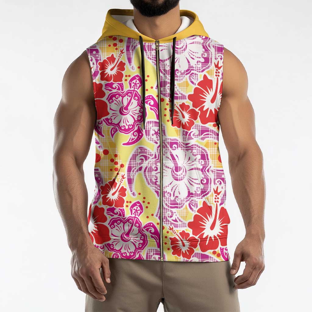 Palaka with Honu and Hibiscus Sleeveless Zip Hoodie Hawaiian Heritage Spirit - Polynesian Pride