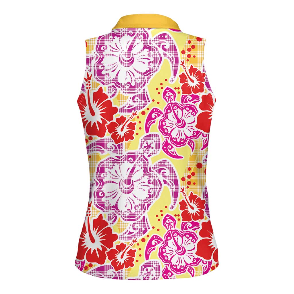 Palaka with Honu and Hibiscus Women Sleeveless Polo Shirt Hawaiian Heritage Spirit - Polynesian Pride