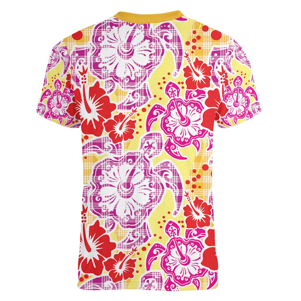 Palaka with Honu and Hibiscus Women V-Neck T-Shirt Hawaiian Heritage Spirit - Polynesian Pride