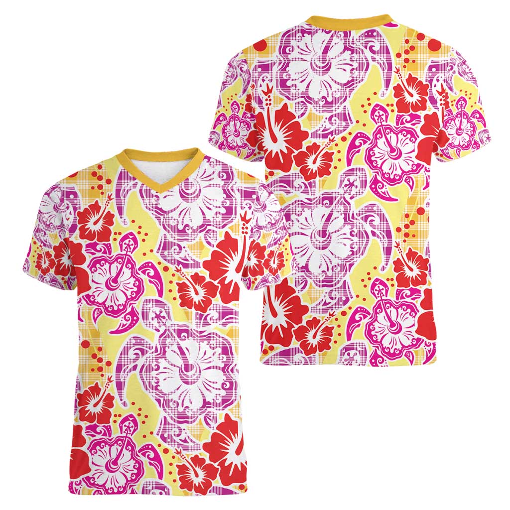 Palaka with Honu and Hibiscus Women V-Neck T-Shirt Hawaiian Heritage Spirit - Polynesian Pride