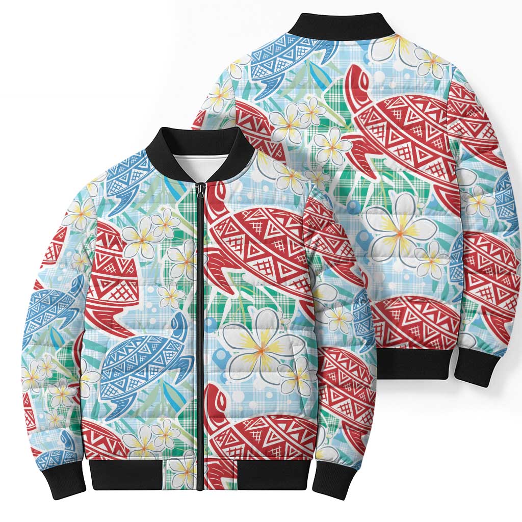 Palaka with Honu and Plumeria Bomber Puffer Jacket Hawaiian Heritage Spirit - Polynesian Pride
