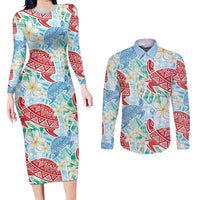 Palaka with Honu and Plumeria Couples Matching Long Sleeve Bodycon Dress and Long Sleeve Button Shirt Hawaiian Heritage Spirit - Polynesian Pride