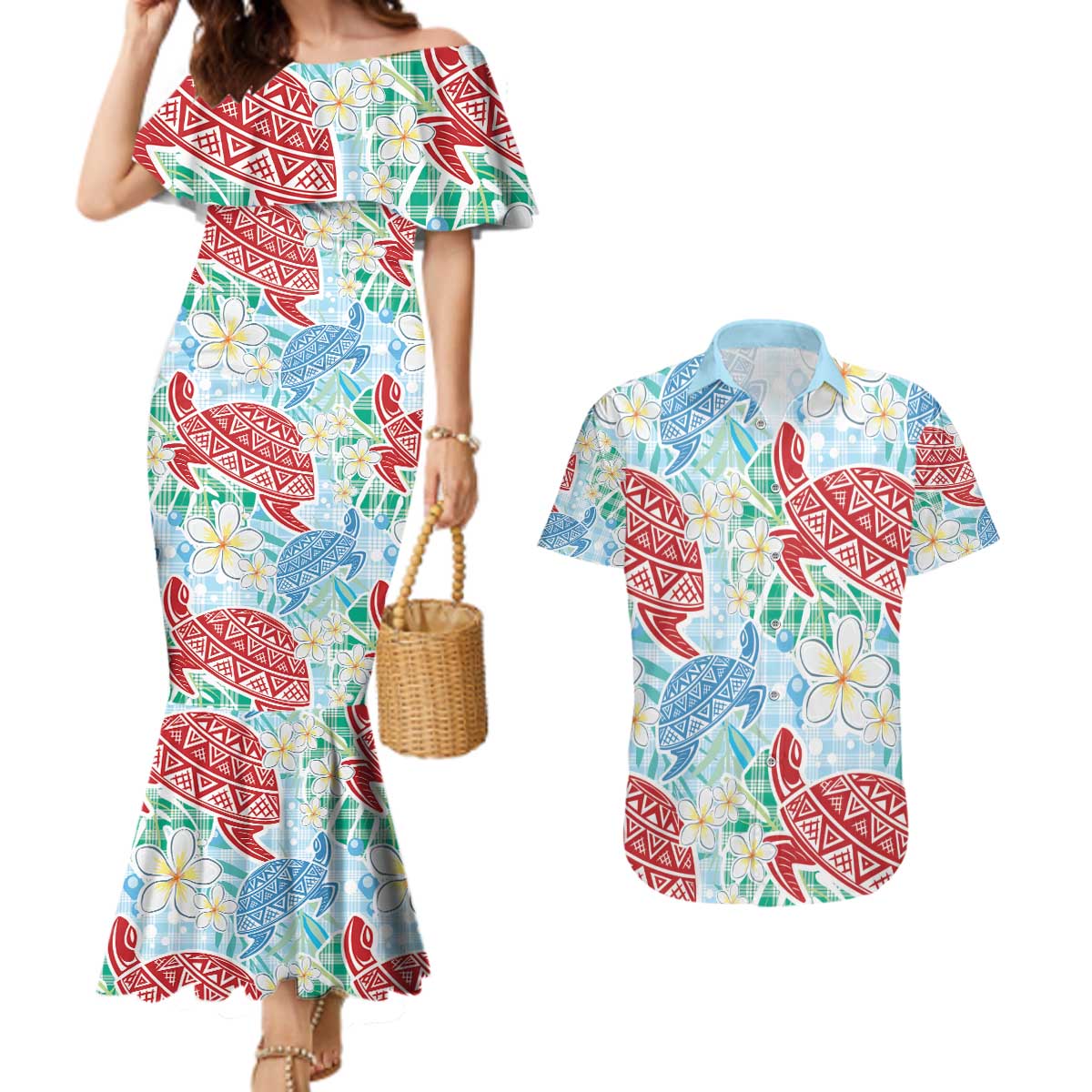 Palaka with Honu and Plumeria Couples Matching Mermaid Dress and Hawaiian Shirt Hawaiian Heritage Spirit - Polynesian Pride