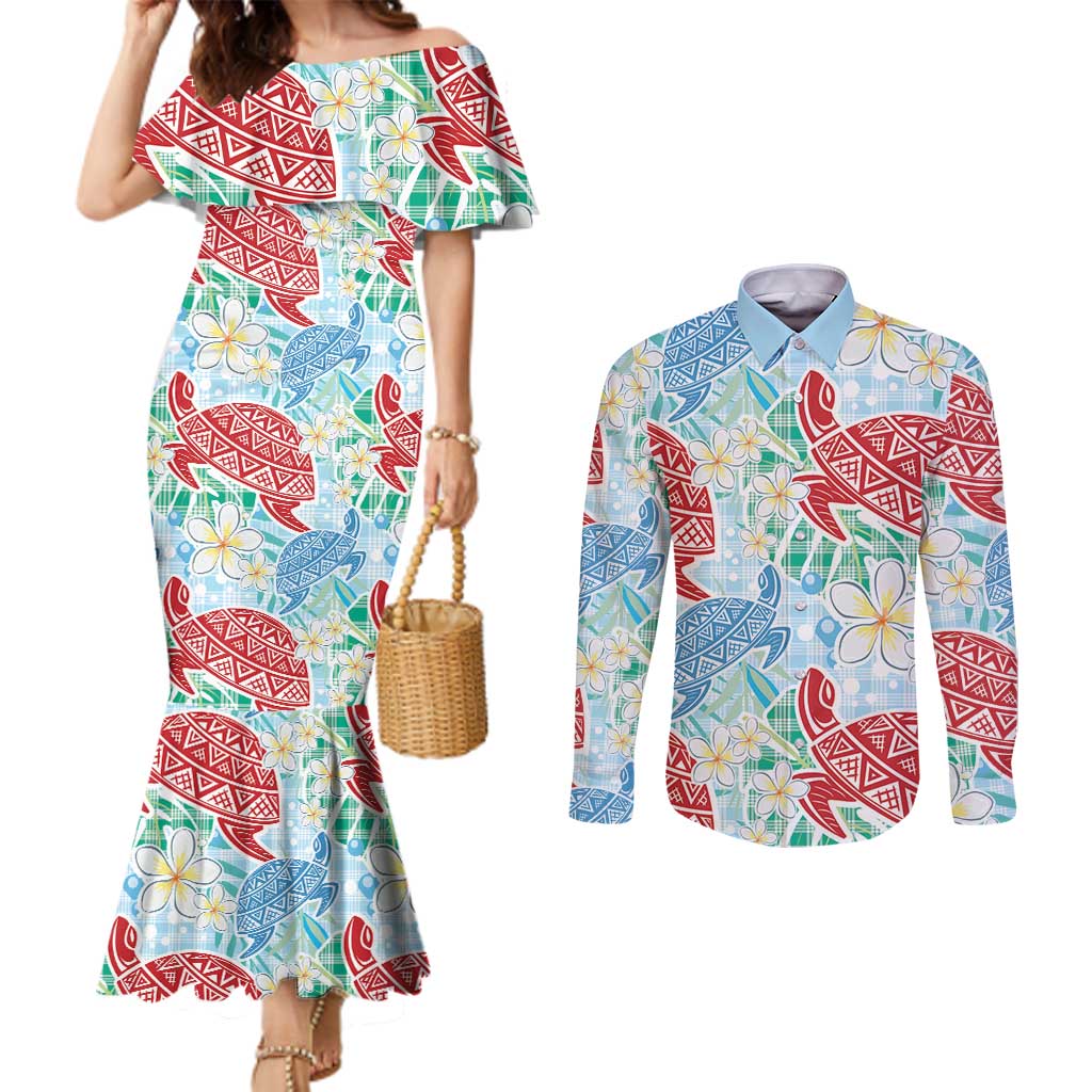 Palaka with Honu and Plumeria Couples Matching Mermaid Dress and Long Sleeve Button Shirt Hawaiian Heritage Spirit - Polynesian Pride