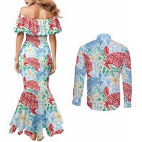 Palaka with Honu and Plumeria Couples Matching Mermaid Dress and Long Sleeve Button Shirt Hawaiian Heritage Spirit - Polynesian Pride