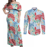Palaka with Honu and Plumeria Couples Matching Off Shoulder Maxi Dress and Long Sleeve Button Shirt Hawaiian Heritage Spirit - Polynesian Pride